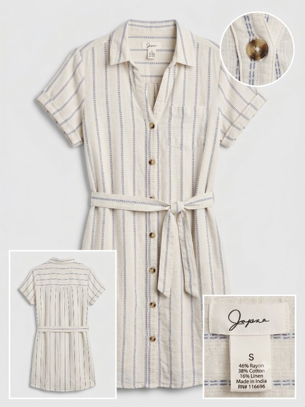 Japna Striped Button Front Shirt Dress Tie Waist Size Small Boho Coastal Summer